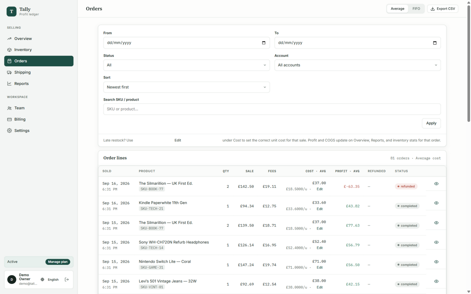 Tally order ledger with sale price, fees, cost and profit per order